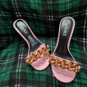 Versace Pink Sandals with Bold Gold Chain